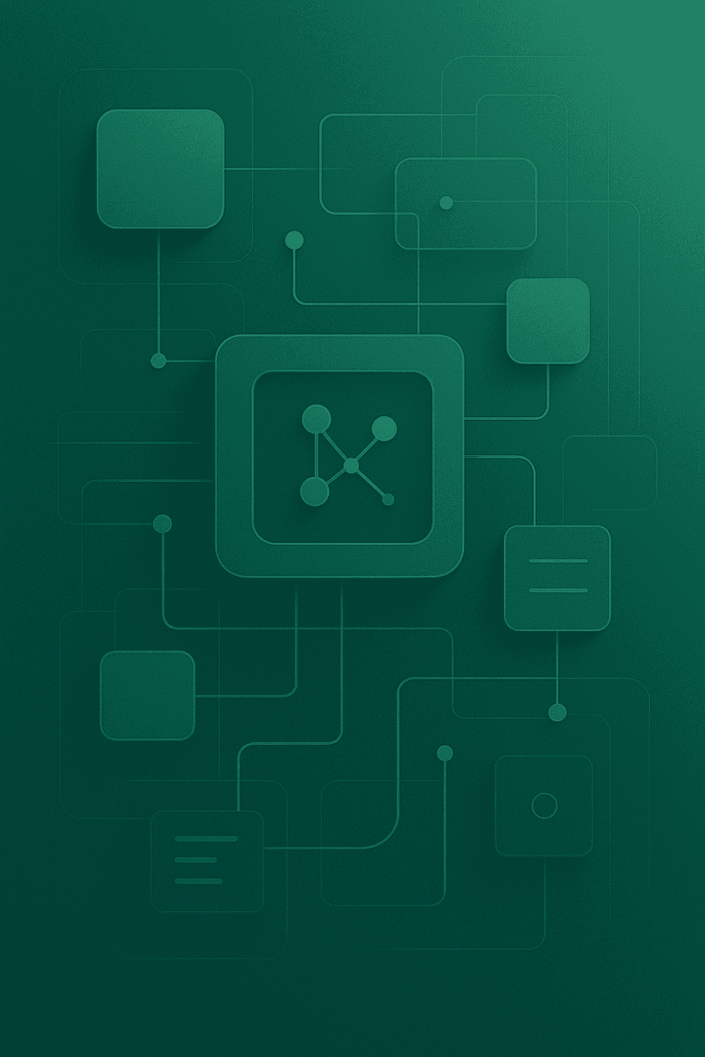 Minimal green illustration showing interconnected blocks and lines, symbolizing system integration, APIs, and backend workflows.