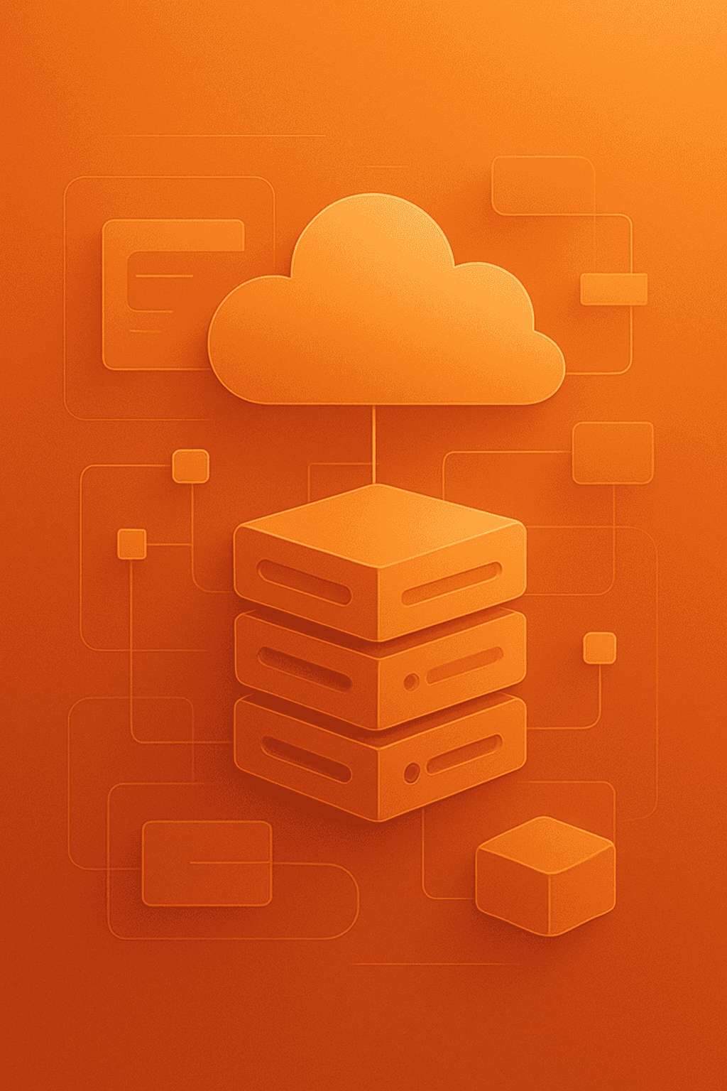 Minimal orange illustration featuring a cloud icon connected to stacked servers, representing hosting services, infrastructure, and cloud computing.