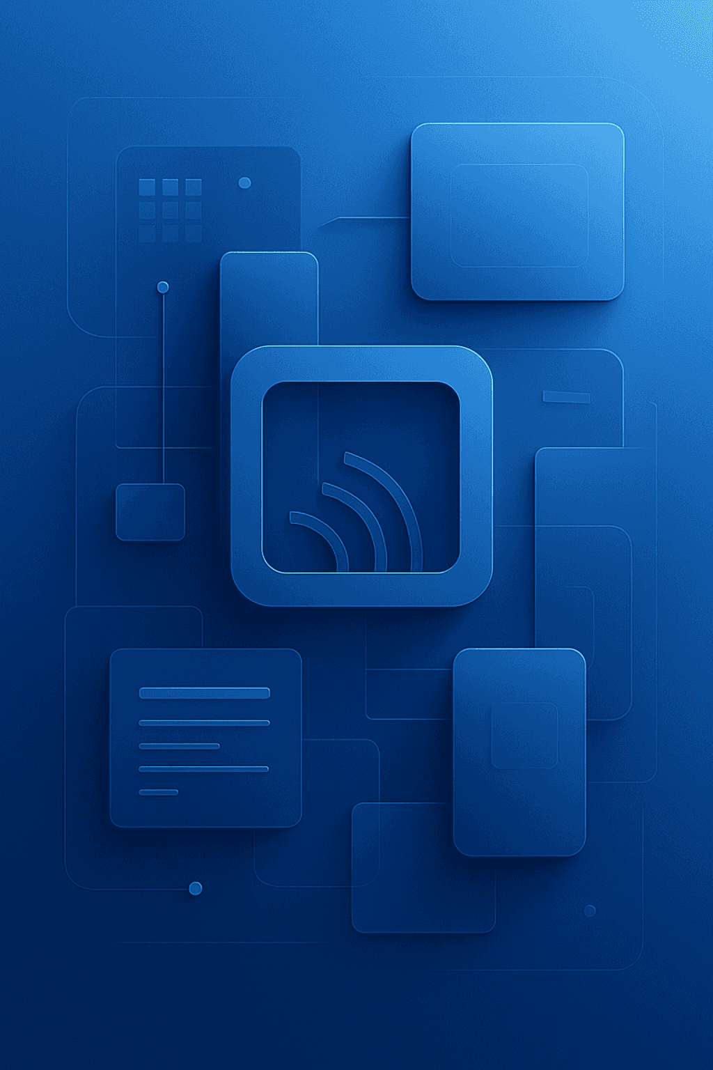 Geometric illustration in blue tones, featuring multiple connected blocks and cards, representing digital interface elements and network communication