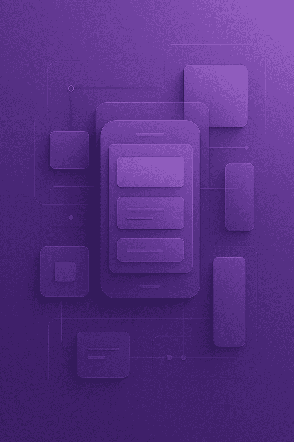 Geometric illustration in purple tones, featuring a smartphone silhouette in the center surrounded by various interface cards and elements, symbolizing mobile app design and development.